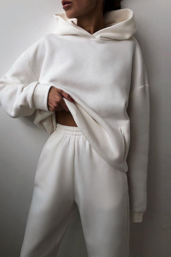 White Fashion Casual Solid Basic Hooded Collar Long Sleeve Two Pieces Tracksuits Sets Sweat Suit