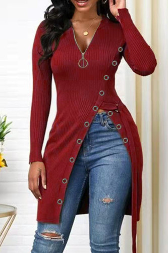 Red Fashion Casual Solid Patchwork Slit Zipper V Neck Tops