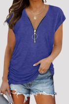 Camisetas cuello en V con cremallera y parches lisos casuales de moda azul