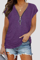 T-shirts violets à la mode et décontractés, couleur unie, patchwork, fermeture éclair, col en V