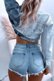 Blue Casual Street Solid Make Old Buckle Turndown Collar Long Sleeve Straight Distressed Ripped Cropped Denim Jacket
