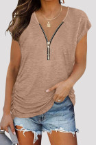 Khaki Fashion Casual Solid Patchwork Zipper V Neck T-Shirts