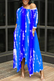 ブルーファッションセクシーなプリント非対称斜め襟ロングドレス
