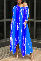 Blue Fashion Sexy Print Asymmetrical Oblique Collar Long Dress