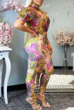 Lila Fashion Casual Print Basic Rollkragen Regular Jumpsuits