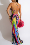 Vestido largo con tirantes finos sin espalda con estampado sexy de moda de color arcoíris Vestidos