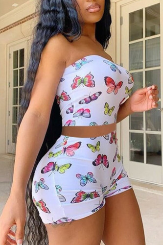 White Fashion Butterfly Print Backless Strapless Sleeveless Two Pieces