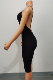 Macacão skinny preto sexy casual sólido sem costas com alça de espaguete