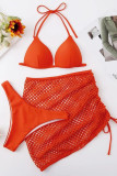 Tangerine Red Sexy Solid Hollowed Out Patchwork Swimwears
