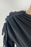 Black Sexy Solid Patchwork Draw String Fold Asymmetrical Oblique Collar Pencil Skirt Dresses