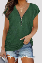 Camisetas casual de patchwork liso con cremallera y cuello en V verde oscuro