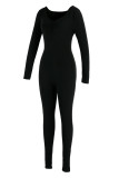 Black Fashion Casual Solid Basic V Neck Skinny Jumpsuits