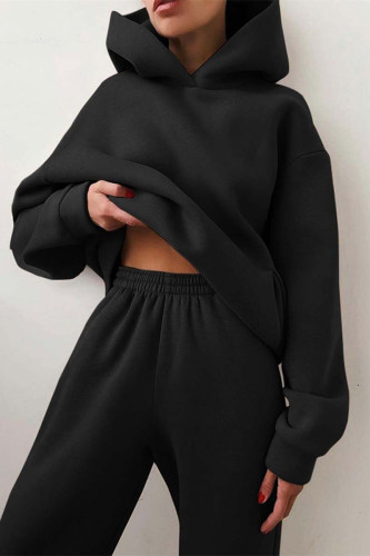 Black Fashion Casual Solid Basic Hooded Collar Long Sleeve Two Pieces Tracksuits Sets Sweat Suit