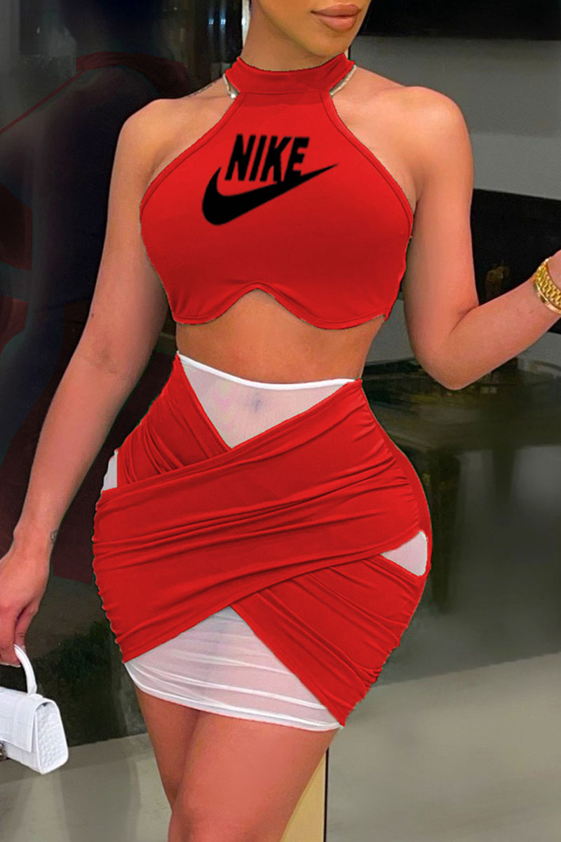 

Red Fashion Casual Print Split Joint O Neck Sleeveless Two Pieces