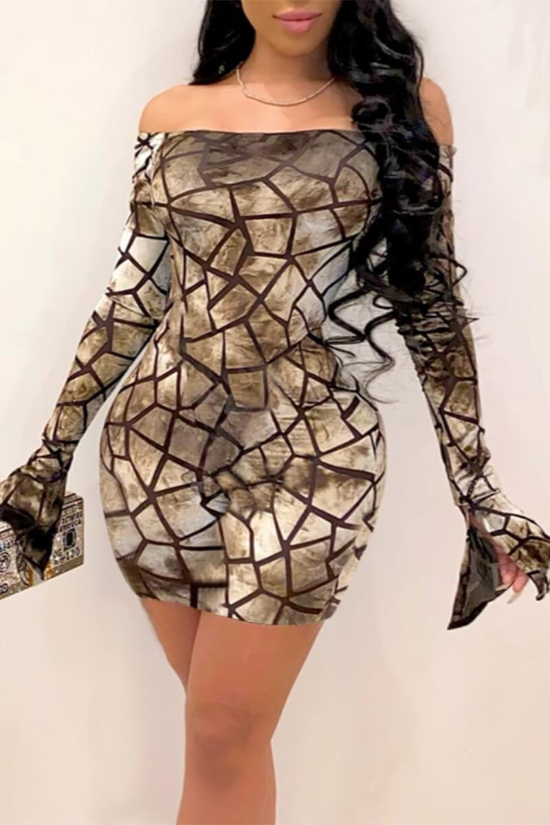 

Multicolor Fashion Sexy Print Backless Off the Shoulder Long Sleeve Dresses