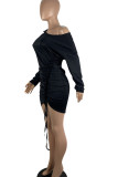 ブラックセクシーなソリッドパッチワークドローストリングフォールド非対称斜め襟ペンシルスカートドレス