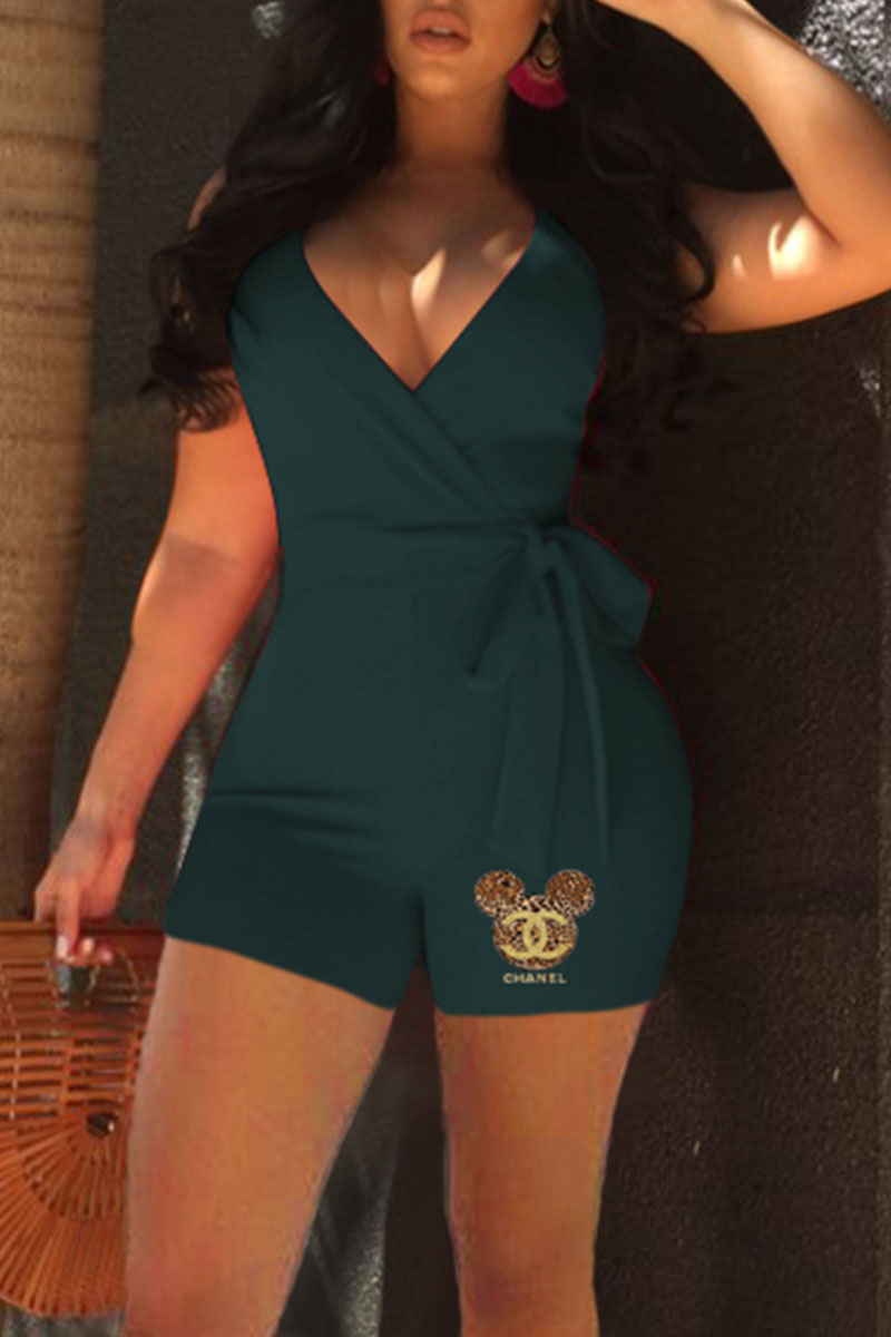 

Army Green Fashion Sexy Print Split Joint V Neck Jumpsuits