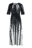 Paarse mode casual print basic O-hals lange jurk