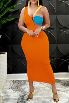 Orange mode sexigt lapptäcke urholkat rygglös V-hals ärmlös klänning