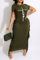 グリーンファッションプリントパッチワークレターOネックペンシルスカートドレス
