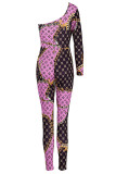 Purple Sexy Print Patchwork One Shoulder Skinny Jumpsuits