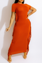 Tangerine Red Casual Solid Tassel O Neck Pencil Skirt Robes