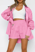 Pink Casual Solid Patchwork Buckle Turndown Collar Long Sleeve Two Pieces