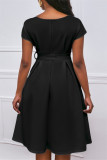 ブラック ファッション カジュアル ソリッド ボウ V ネック A ライン ドレス