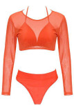Tangerine Red Sexy Solid Patchwork Maillots de bain transparents