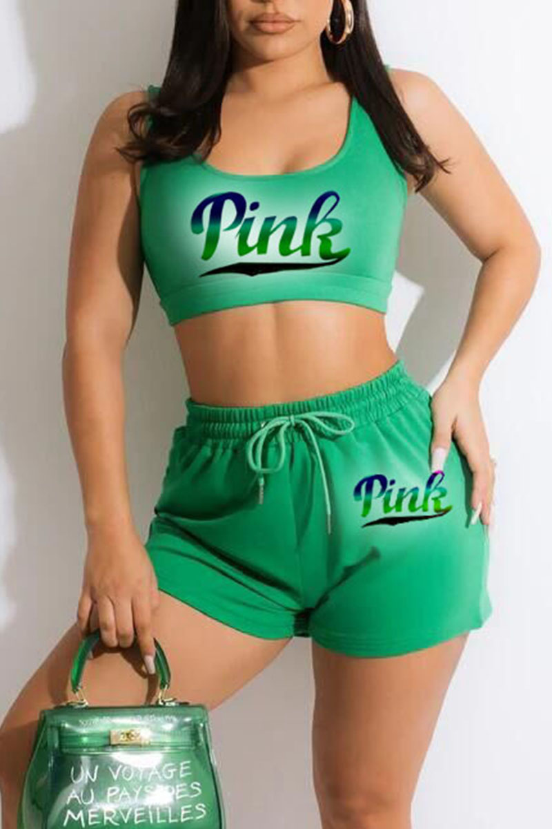 

Green Casual Print Split Joint U Neck Sleeveless Two Pieces