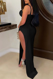 黒のセクシーなソリッドパッチワークスリットスパゲッティストラップスリングドレスドレス