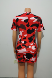 Rose Red Fashion Print Patchwork O Neck Straight Dresses
