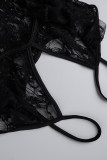 Zwarte mode sexy effen doorschijnende rugloze skinny jumpsuits met spaghettibandjes