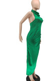 Verde elegante sólido retalhos sem costas fenda halter vestidos retos