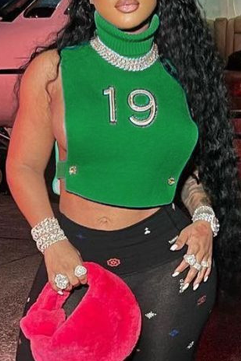 

Green Sexy Print Split Joint Turtleneck Tops