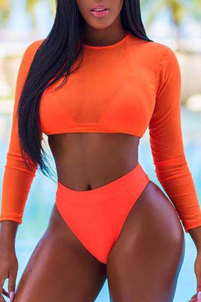 

Tangerine Red Sexy Solid Split Joint See-through Swimwears