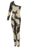 Braune, sexy bedruckte, schmale One-Shoulder-Jumpsuits im Patchwork-Stil