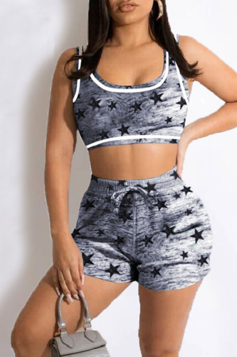 Light Gray Casual Sportswear Print Patchwork U Neck Sleeveless Two Pieces