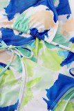 Blaue sexy Patchwork-Falten-Badebekleidung mit Druck