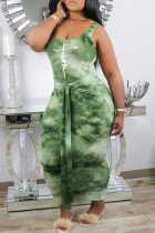 Зеленые повседневные платья-юбки с принтом тай-дай в стиле пэчворк с U-образным вырезом и одной ступенькой