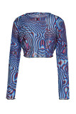 Blue Fashion Sexy Print See-through O Neck Tops