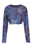 Blue Fashion Sexy Print Durchsichtige O-Neck-Tops