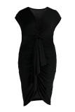 ブラックファッションセクシープラスサイズソリッドフォールドVネックノースリーブドレス