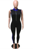 Black Casual Sportswear Solid Patchwork Zipper Collar Skinny Jumpsuits