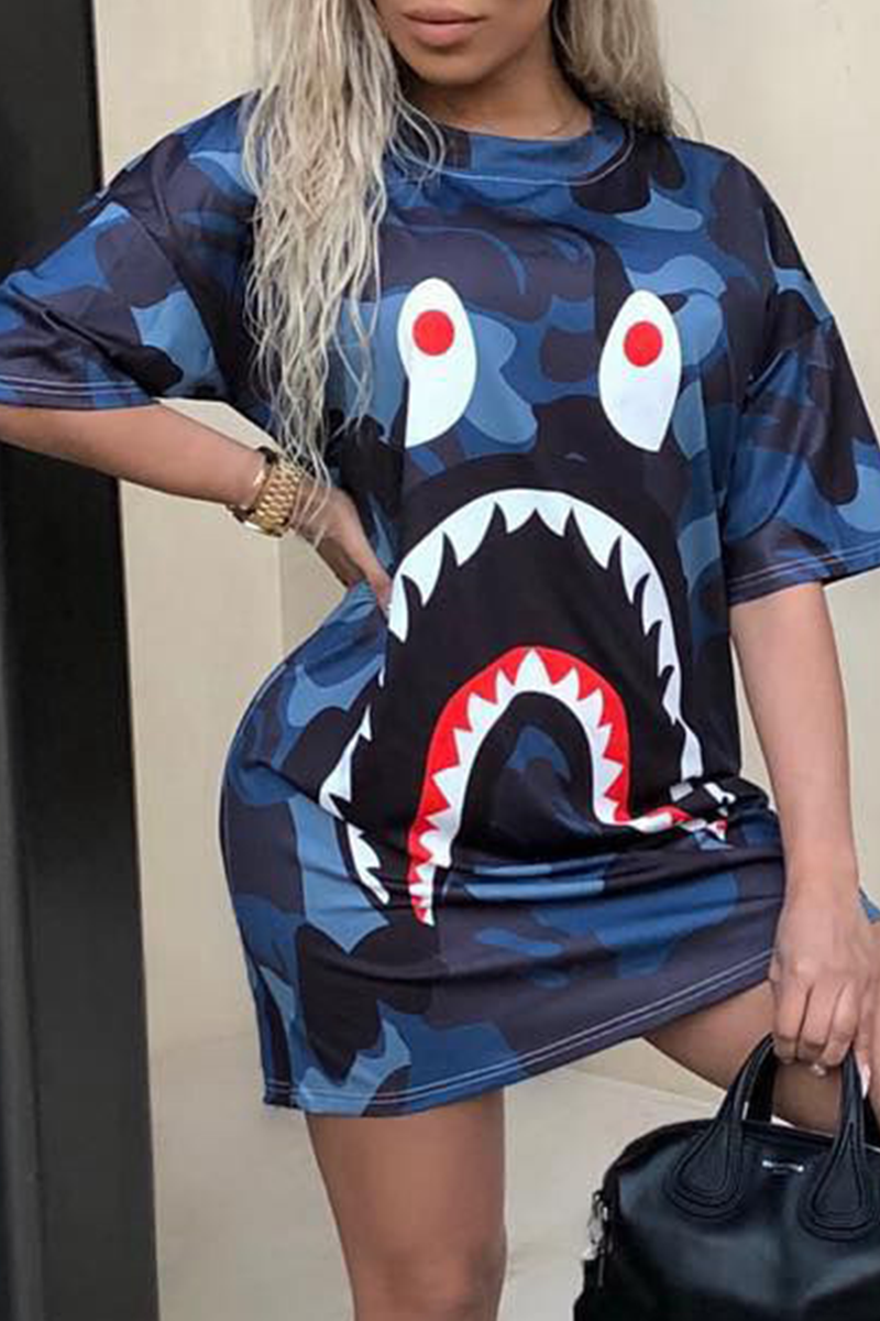 

Blue Fashion Print Split Joint O Neck Straight Dresses