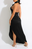 Zwarte elegante effen patchwork backless split-halter rechte jurken