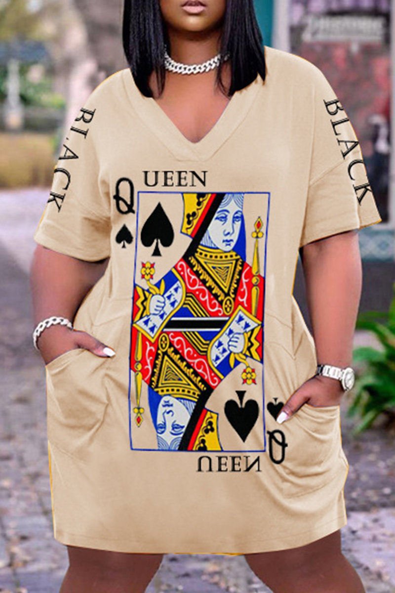 

Cream White Casual Print Split Joint V Neck Straight Dresses