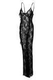 Macacão skinny preto fashion sexy sólido transparente sem costas com alça de espaguete
