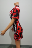 Rose Red Fashion Print Patchwork O Neck Straight Dresses