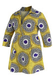 Diepblauwe casual print patchwork V-hals A-lijn Grote maten jurken